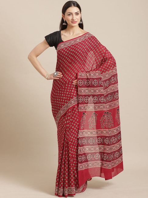 Kalakari India Maroon Cotton Printed Saree With Unstitched Blouse Price in India