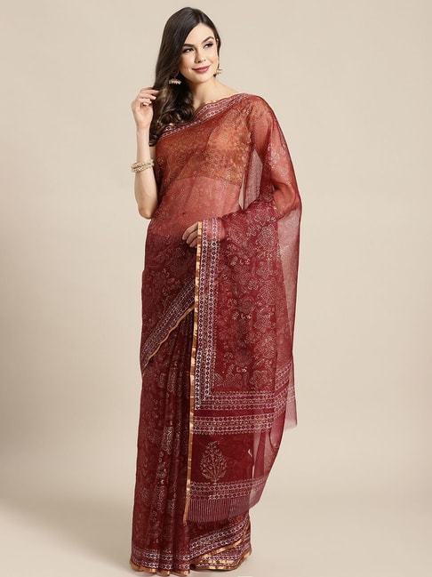 Kalakari India Maroon Printed Saree With Unstitched Blouse Price in India