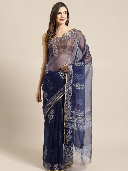 Kalakari India Blue Printed Saree With Unstitched Blouse Price in India