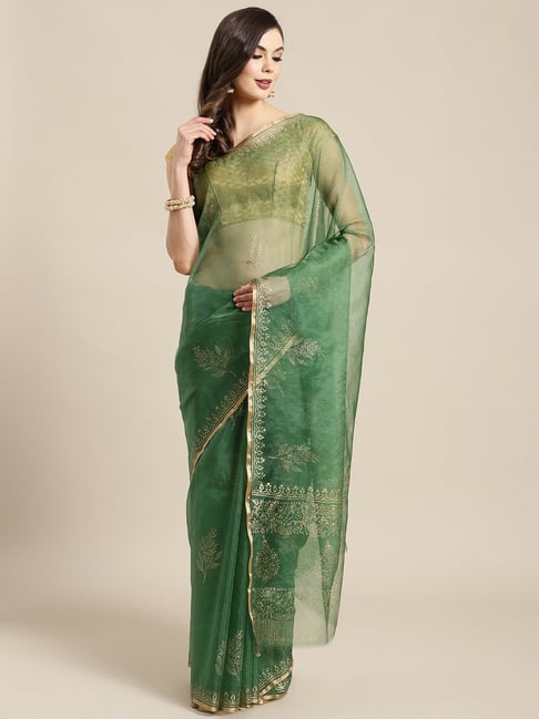 Kalakari India Green Printed Saree With Unstitched Blouse