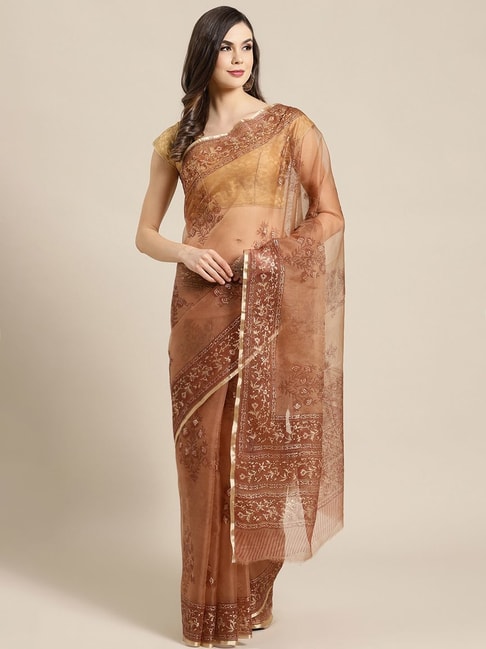 Kalakari India Brown Printed Saree With Unstitched Blouse Price in India