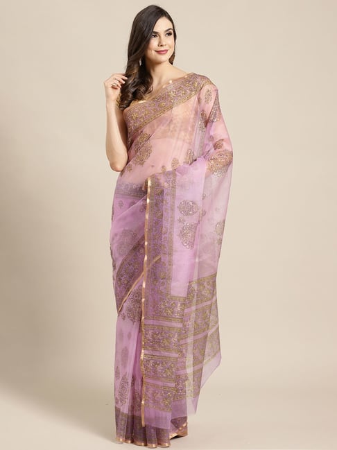 Kalakari India Purple Printed Saree With Unstitched Blouse Price in India