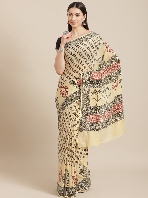 Kalakari India Beige Cotton Printed Saree With Unstitched Blouse Price in India