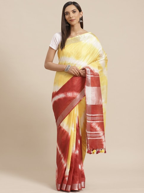 Kalakari India Yellow & Maroon Linen Tie & Dye Saree With Unstitched Blouse Price in India