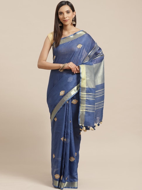 Kalakari India Blue Linen Woven Saree With Unstitched Blouse Price in India