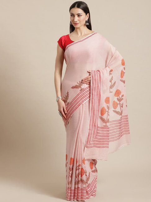 Kalakari India Peach Cotton Printed Saree With Unstitched Blouse Price in India