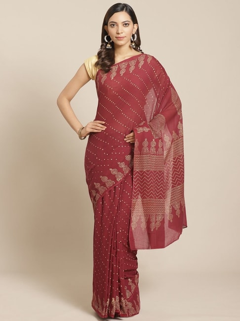 Kalakari India Maroon Cotton Printed Saree With Unstitched Blouse Price in India