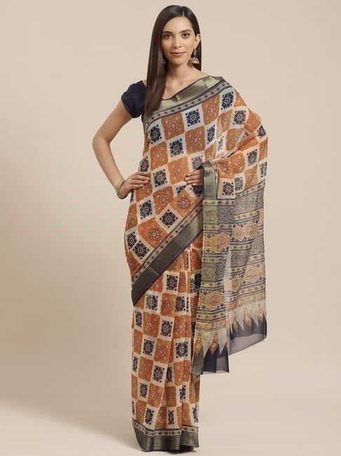 Kalakari India Rust & Cream Printed Saree With Unstitched Blouse