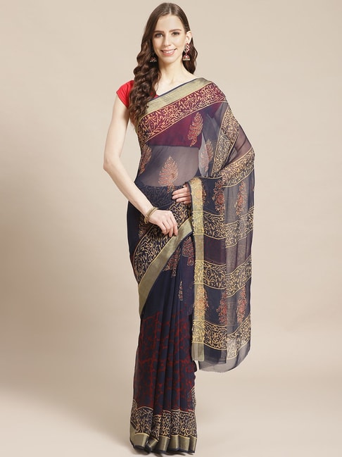Kalakari India Navy Printed Saree With Unstitched Blouse Price in India
