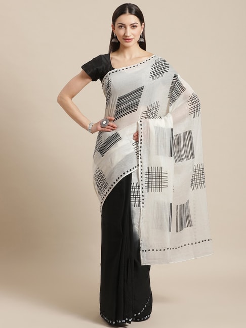 Kalakari India Black & Grey Cotton Printed Saree With Unstitched Blouse Price in India