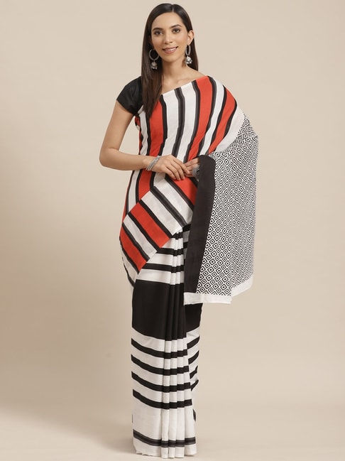 Kalakari India White & Black Cotton Striped Saree With Unstitched Blouse Price in India