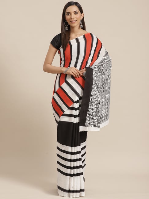 Kalakari India White & Black Cotton Striped Saree With Unstitched Blouse