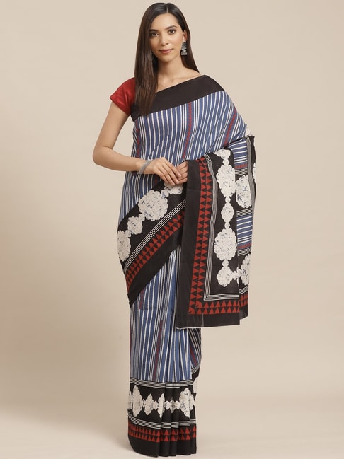 Kalakari India Blue Cotton Striped Saree With Unstitched Blouse Price in India
