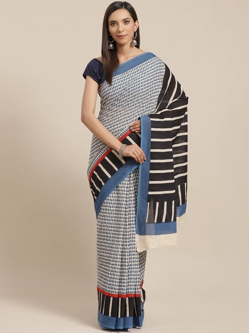 Kalakari India Beige & Blue Cotton Printed Saree With Unstitched Blouse Price in India