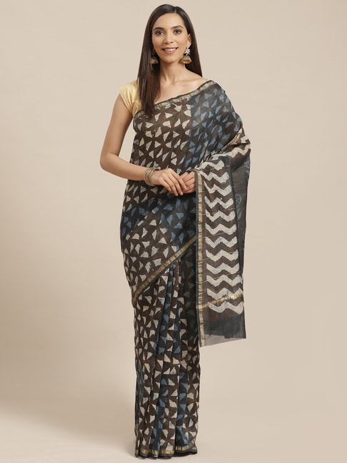 Kalakari India Brown Cotton Printed Saree With Unstitched Blouse Price in India