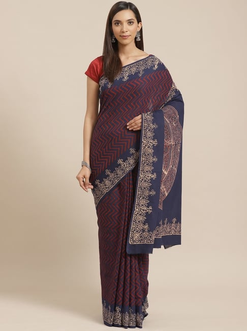 Kalakari India Navy & Red Cotton Silk Aztec Print Saree With Unstitched Blouse Price in India