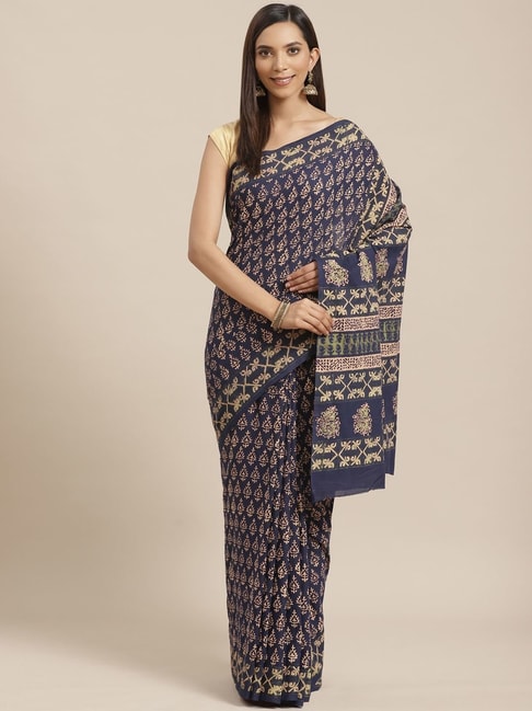 Kalakari India Blue Cotton Silk Printed Saree With Unstitched Blouse Price in India