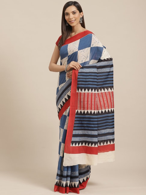 Kalakari India Off-White & Blue Cotton Printed Saree With Unstitched Blouse Price in India