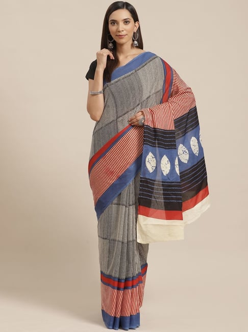Kalakari India White & Black Cotton Striped Saree With Unstitched Blouse Price in India