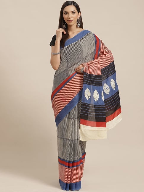 Kalakari India White & Black Cotton Striped Saree With Unstitched Blouse