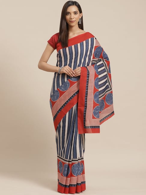 Kalakari India Off-White & Blue Cotton Striped Saree With Unstitched Blouse Price in India