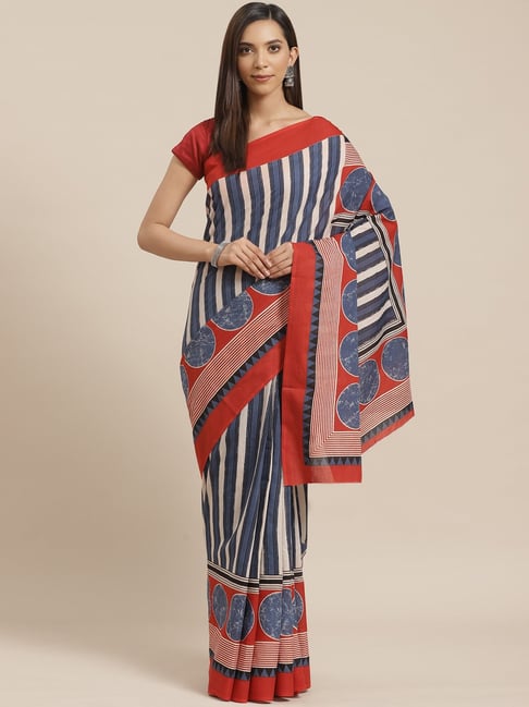 Kalakari India Off-White & Blue Cotton Striped Saree With Unstitched Blouse