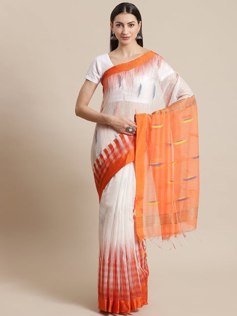 Kalakari India White Cotton Silk Woven Saree With Unstitched Blouse