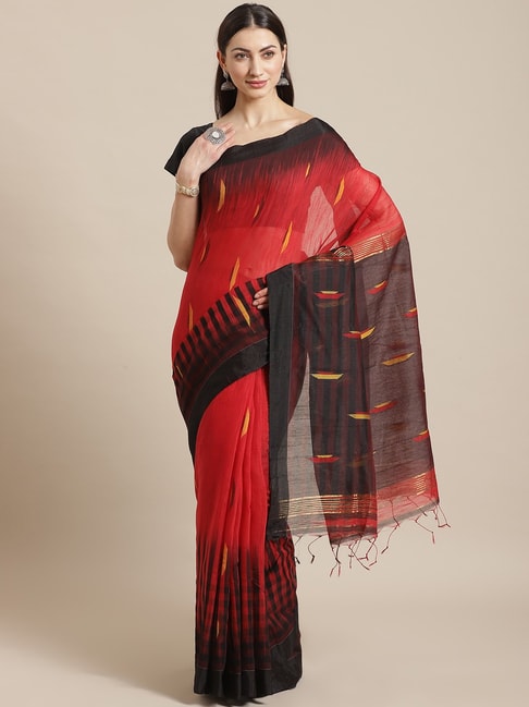 Kalakari India Red & Black Cotton Silk Woven Saree With Unstitched Blouse Price in India