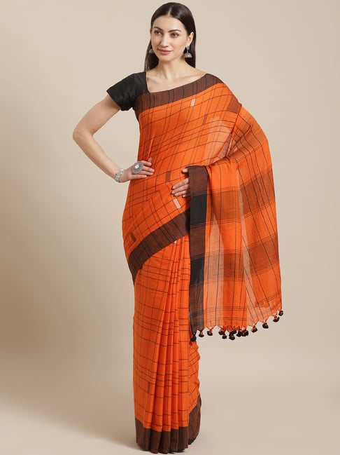 Kalakari India Orange Cotton Woven Saree With Unstitched Blouse Price in India
