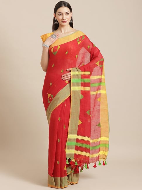 Kalakari India Red Cotton Woven Saree With Unstitched Blouse Price in India