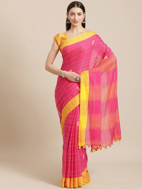 Kalakari India Pink Cotton Woven Saree With Unstitched Blouse Price in India