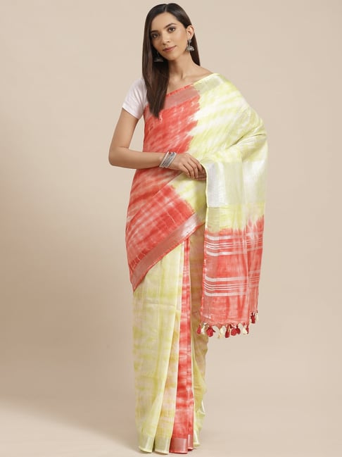 Kalakari India Yellow & Red Linen Tie & Dye Saree With Unstitched Blouse Price in India