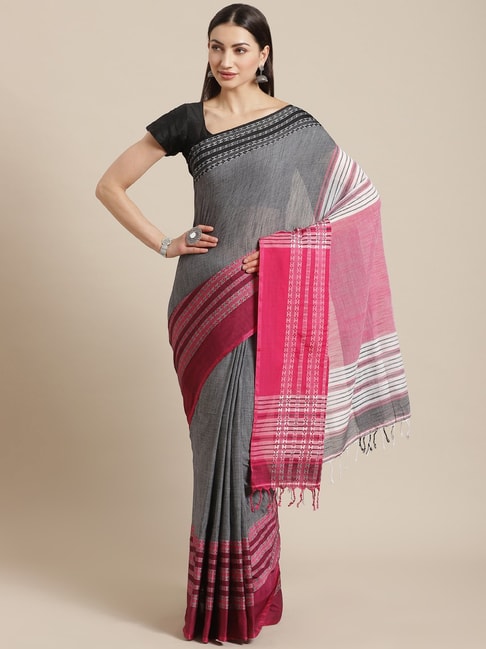 Kalakari India Grey & Pink Cotton Woven Saree With Unstitched Blouse Price in India