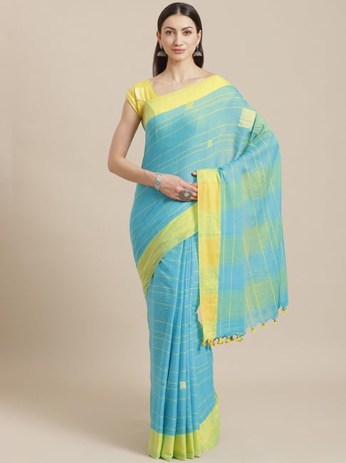 Kalakari India Sky Blue Cotton Woven Saree With Unstitched Blouse Price in India