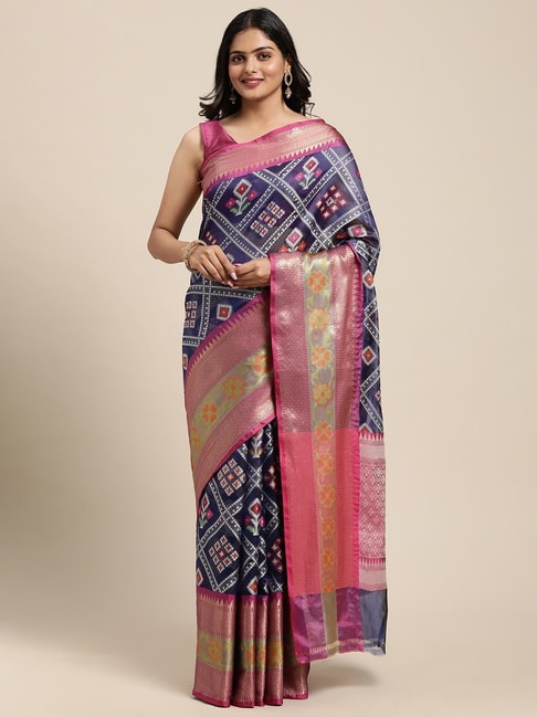 Banarasi Silk Works Royal Blue Silk Woven Saree With Unstitched Blouse Price in India