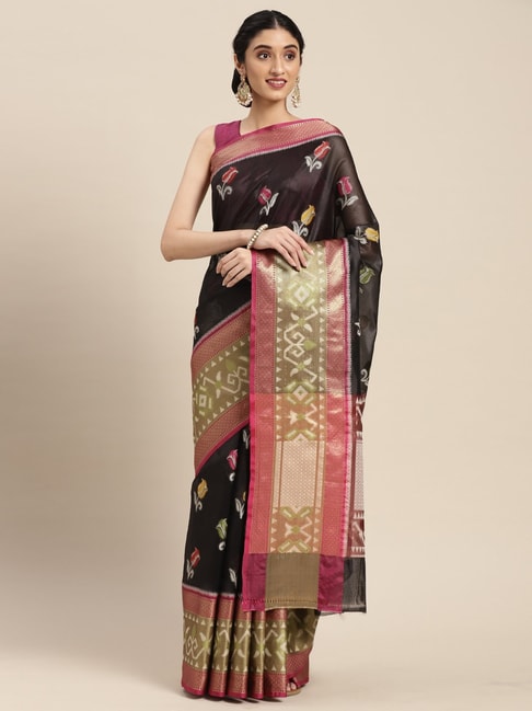 Banarasi Silk Works Black Silk Woven Saree With Unstitched Blouse Price in India