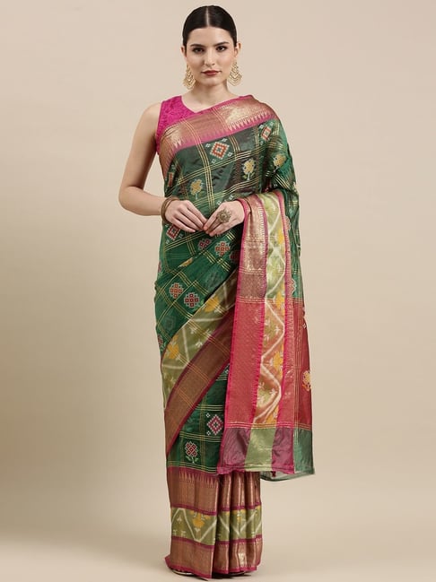 Banarasi Silk Works Bottle Green Silk Woven Saree With Unstitched Blouse Price in India