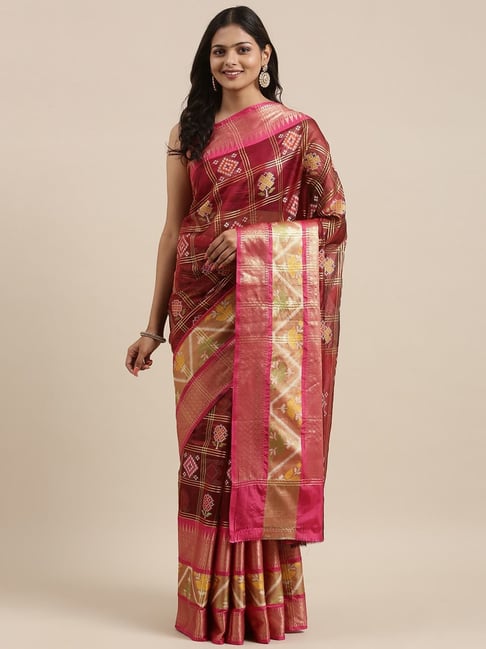 Banarasi Silk Works Maroon Silk Woven Saree With Unstitched Blouse Price in India