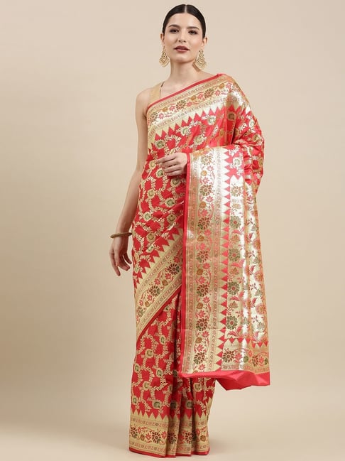 Buy DS Fashion's Red & Cream Smoke Georgette + Lenin Saree at Amazon.in