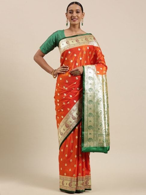 Banarasi Silk Works Orange Woven Saree With Unstitched Blouse Price in India
