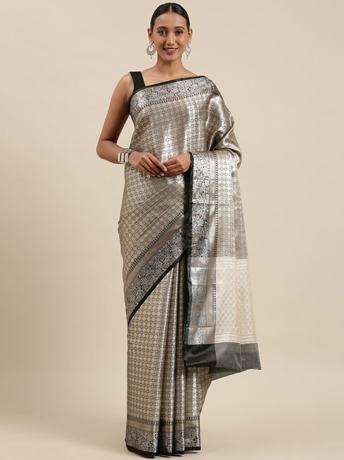 Banarasi Silk Works Black & Silver Silk Woven Saree With Unstitched Blouse Price in India