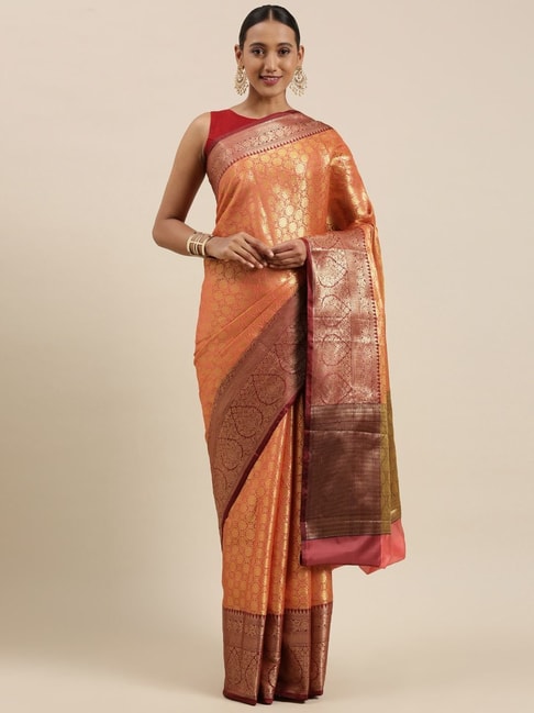 Banarasi Silk Works Peach Silk Woven Saree With Unstitched Blouse Price in India