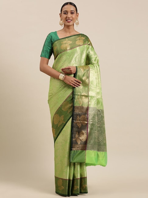 Banarasi Silk Works Green Silk Woven Saree With Unstitched Blouse Price in India