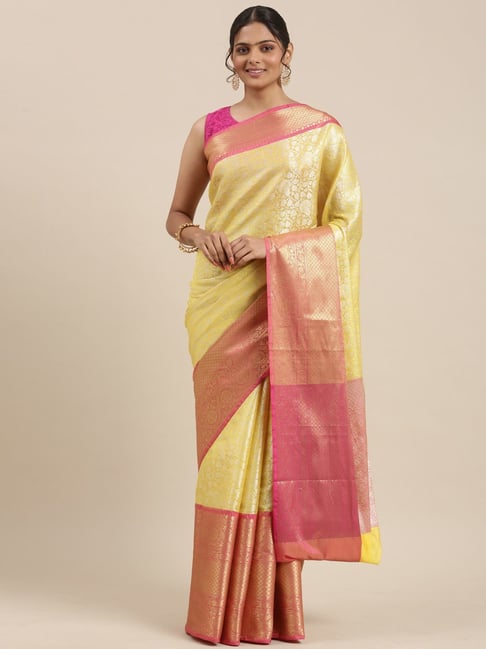 Banarasi Silk Works Yellow Silk Woven Saree With Unstitched Blouse Price in India