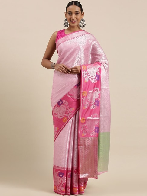 Banarasi Silk Works Pink Silk Woven Saree With Unstitched Blouse Price in India