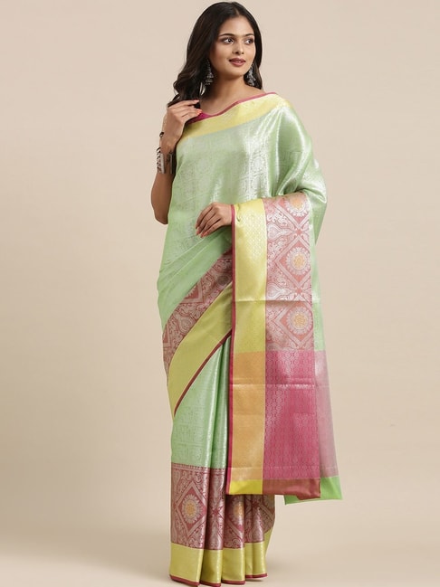 Banarasi Silk Works Green Silk Woven Saree With Unstitched Blouse Price in India