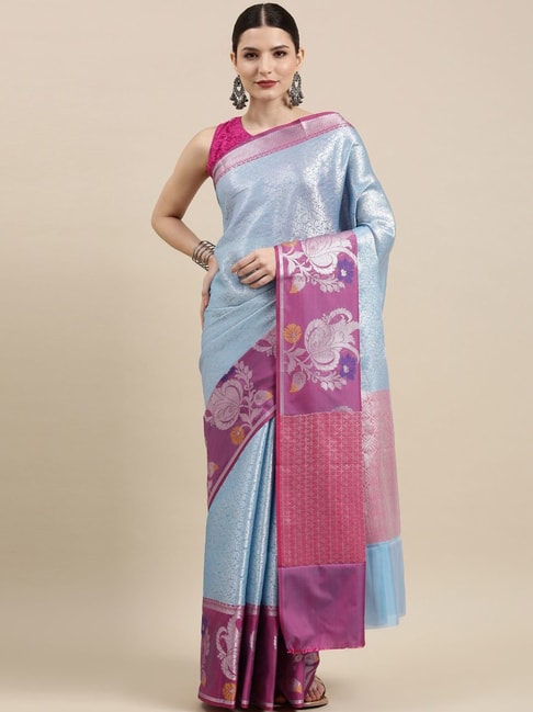 Banarasi Silk Works Blue Silk Woven Saree With Unstitched Blouse Price in India