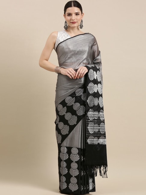 Banarasi Silk Works Silver Silk Woven Saree With Unstitched Blouse Price in India