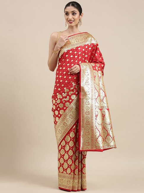 Banarasi Silk Works Red Woven Saree With Unstitched Blouse Price in India