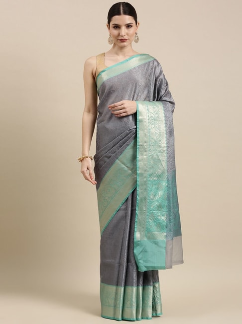 Banarasi Silk Works Grey Silk Woven Saree With Unstitched Blouse Price in India